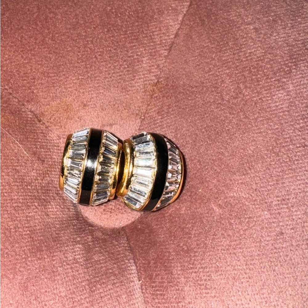 1980's CHRISTIAN DIOR CLEAR BAGUETTE RHINESTONE GOLD PLATED CLIP EARRINGS